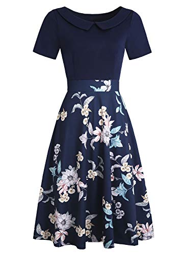 HELYO Peter Pan Collar Dresses for Women Knee Length Church Vintage Casual Floral Print Work Party A-Line Swing Dress with Pockets 978 Blue Floral L - Image 2