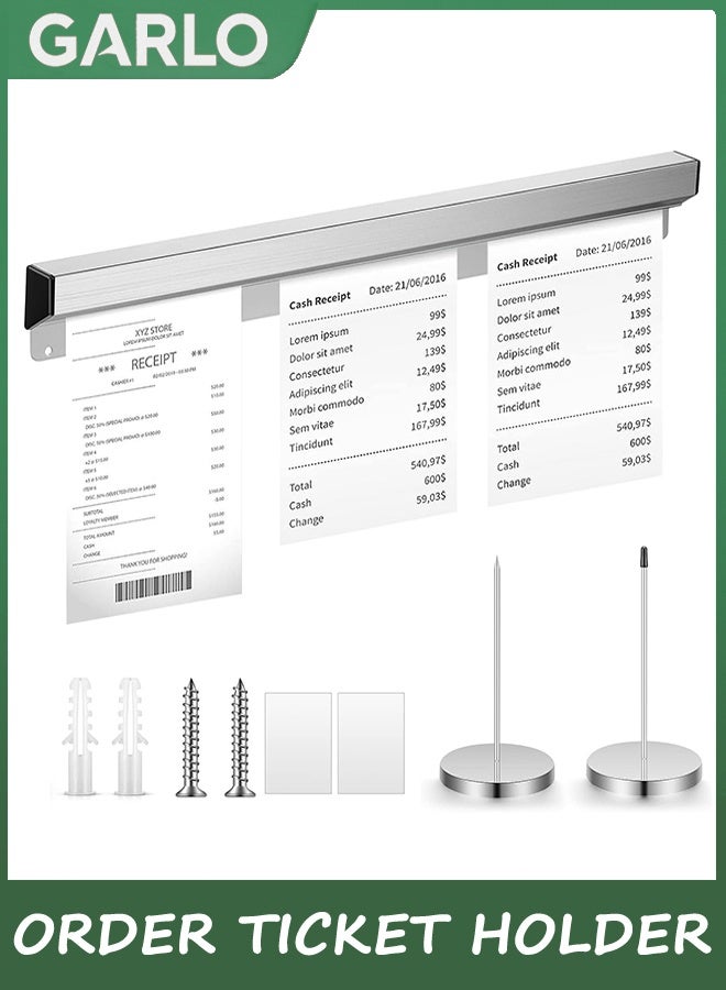 Garlo Aluminum Slide Check Rack with 2 Pcs Receipt Holder Spike Desk Receipt Holder Restaurant Ticket Holder Silver Ticket Rail Bill Orders Display Rail for Kitchen Office Cafes Bar Note Organizer  - Image 1