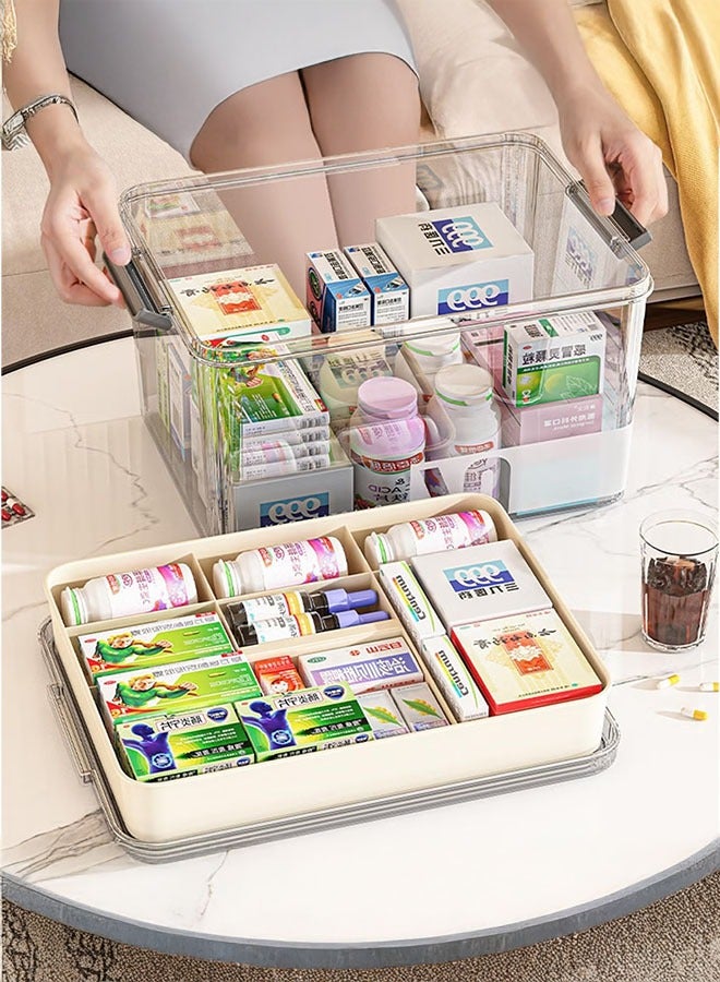 Transparent medicine box, multi-layer large-capacity medicine storage box, pill storage box with compartments and handles, plastic first aid kit storage box (Transparent white)