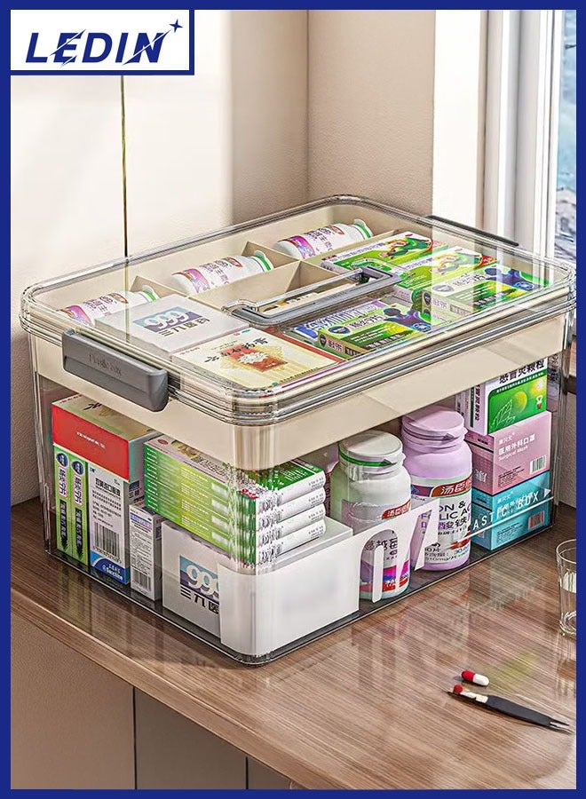 Transparent medicine box, multi-layer large-capacity medicine storage box, pill storage box with compartments and handles, plastic first aid kit storage box (Transparent white)
