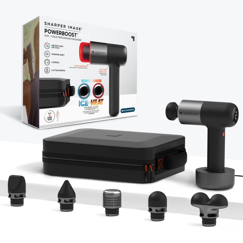 Sharper Image® Powerboost® Pro+ Hot & Cold Deep Tissue Massage Gun - 6 Speeds, 6 Attachments, 5-Hour Battery, Travel Case, Charging Base, Shoulder & Back Massager, Pain Relief Tool, FSA Eligible - Image 1