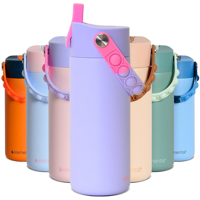 Elemental Insulated Kids Water Bottle, Stainless Steel Water Bottle with Straw Lid & Pop-It Handle, Leak-Proof Water Bottles for School, Boys or Girls, Travelling and Sports, 18oz - Lilac Tie Dye - Image 1