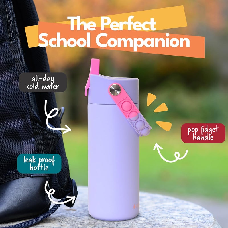 Elemental Insulated Kids Water Bottle, Stainless Steel Water Bottle with Straw Lid & Pop-It Handle, Leak-Proof Water Bottles for School, Boys or Girls, Travelling and Sports, 18oz - Lilac Tie Dye - Image 4