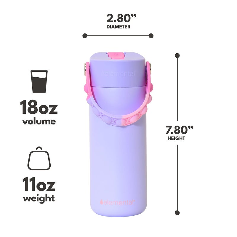 Elemental Insulated Kids Water Bottle, Stainless Steel Water Bottle with Straw Lid & Pop-It Handle, Leak-Proof Water Bottles for School, Boys or Girls, Travelling and Sports, 18oz - Lilac Tie Dye - Image 2
