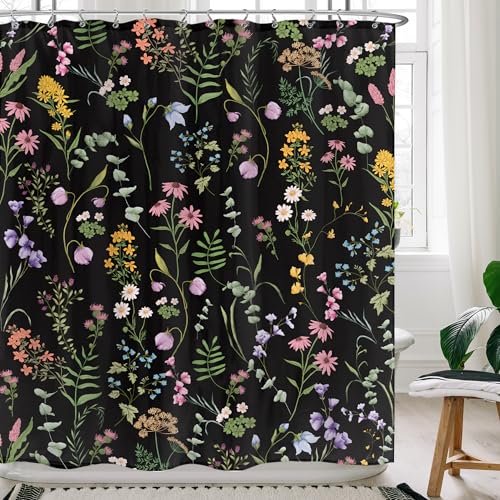 LIGHTINHOME Black Floral Shower Curtain 60Wx72H Inches Cute Dark Wildflower Rustic Flower Blossom Farmhouse Leaves Botanical Cloth Fabric Waterproof Polyester Bathroom Home Decor Set with Hooks - Image 1