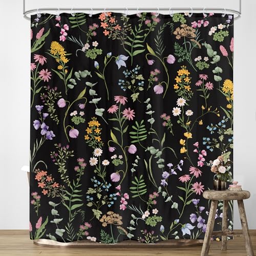 LIGHTINHOME Black Floral Shower Curtain 60Wx72H Inches Cute Dark Wildflower Rustic Flower Blossom Farmhouse Leaves Botanical Cloth Fabric Waterproof Polyester Bathroom Home Decor Set with Hooks - Image 2