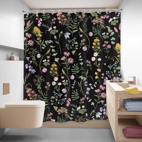 LIGHTINHOME Black Floral Shower Curtain 60Wx72H Inches Cute Dark Wildflower Rustic Flower Blossom Farmhouse Leaves Botanical Cloth Fabric Waterproof Polyester Bathroom Home Decor Set with Hooks - Image 4