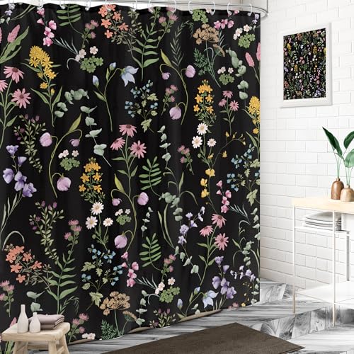 LIGHTINHOME Black Floral Shower Curtain 60Wx72H Inches Cute Dark Wildflower Rustic Flower Blossom Farmhouse Leaves Botanical Cloth Fabric Waterproof Polyester Bathroom Home Decor Set with Hooks - Image 3
