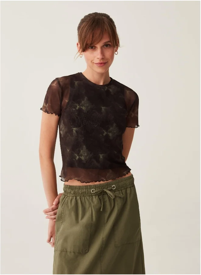 او في اس Mesh T-shirt with wavy trims