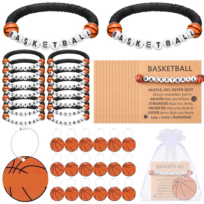 Ecation 80 Pcs Basketball/Softball/Soccer/Volleyball 20 Bracelet 20 Luggage Tags DIY Name Keychain with 20 Cards 20 Gift Bag(Black,Basketball) - Image 1