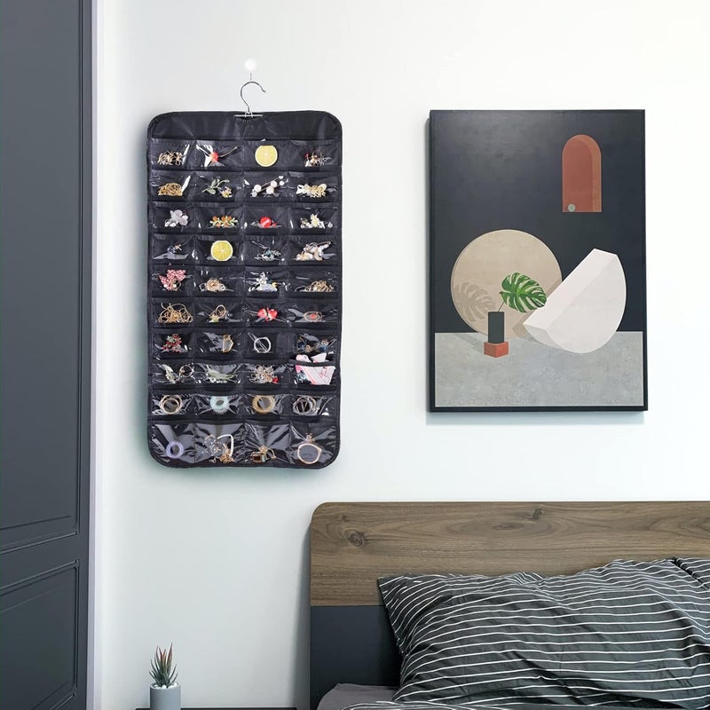 ASFUN Hanging Jewelry Organizer – 56 Double-Sided Pockets for Earrings, Necklaces, Rings & Accessories | Space-Saving Closet Jewelry Storage (Black) - Image 3