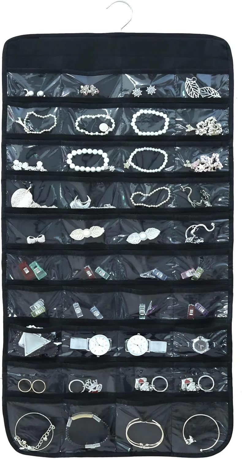 ASFUN Hanging Jewelry Organizer – 56 Double-Sided Pockets for Earrings, Necklaces, Rings & Accessories | Space-Saving Closet Jewelry Storage (Black) - Image 1