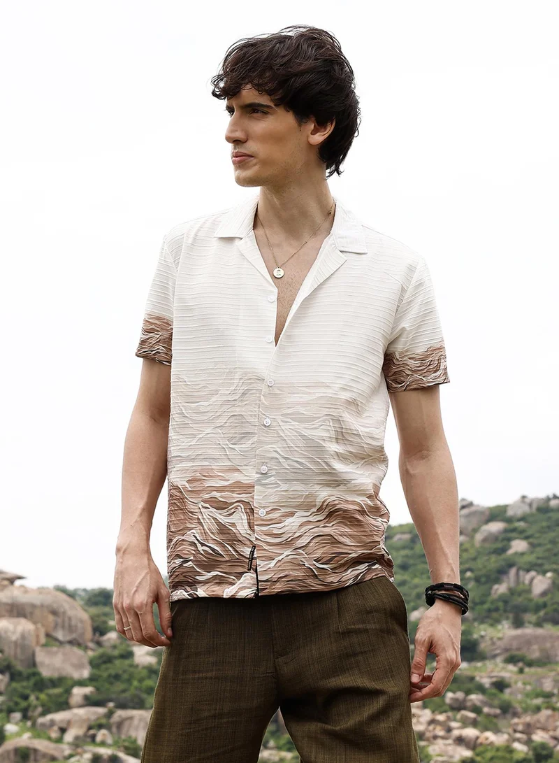Campus Sutra Men's Ivory White & Tan Brown Desert Ombre Shirt