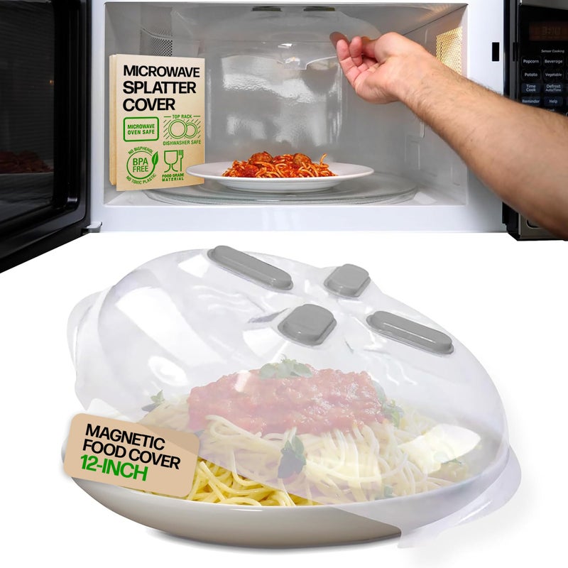 HOVER COVER Magnetic Splatter Cover, 12-Inch Clear BPA-Free Food Lid, Vented Plate Guard with Steam Vents, Anti-Splash Microwave Lid - Heather Gray - Image 1