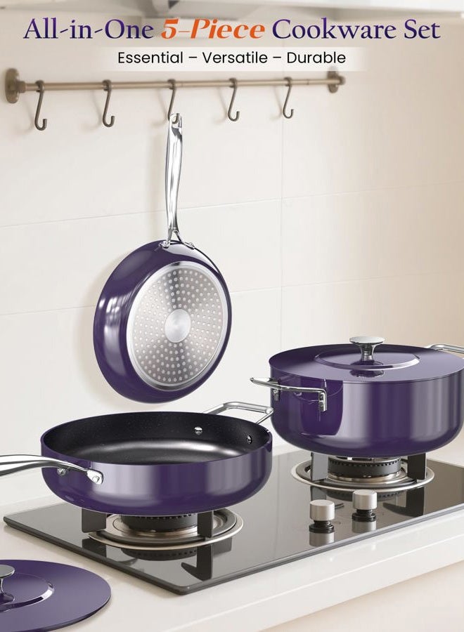 Nuwave Essential Series 5PC Ceramic Cookware Set PFAS-Free, G11 Duralon Blue Coating, Pots and Pans Set Non Stick, Diamond Scratch-Resistant,Stay-Cool Handle, Metal Lid,Induction Ready,Dishwasher Safe - Image 5