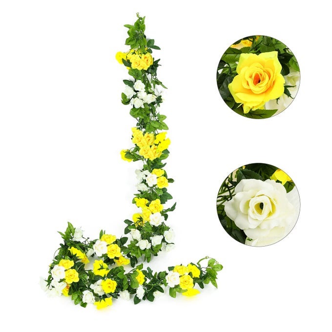 2PCS 76FT DOUBLE COLOR ARTIFICIAL FAKE ROSE GARLAND VINES HANGING SILK FLOWERS ARTIFICIAL FLOWER FOR OUTDOOR INDOOR WEDDING WALL BADROOM DECORATIONYELLOW 13 HEADS