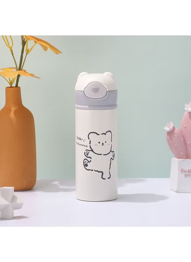 Arabest Kids Vacuum Insulated Water Bottle with Straw, 14 Ounce Leakproof Stainless Steel Cute Little bear Thermos for Children Hot and Cold Drinks Travel Easy to Carry for Outdoor Travel, White  - Image 1