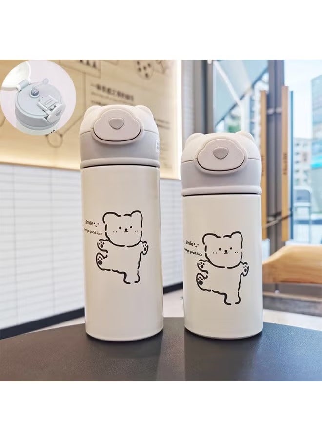 Arabest Kids Vacuum Insulated Water Bottle with Straw, 14 Ounce Leakproof Stainless Steel Cute Little bear Thermos for Children Hot and Cold Drinks Travel Easy to Carry for Outdoor Travel, White  - Image 2