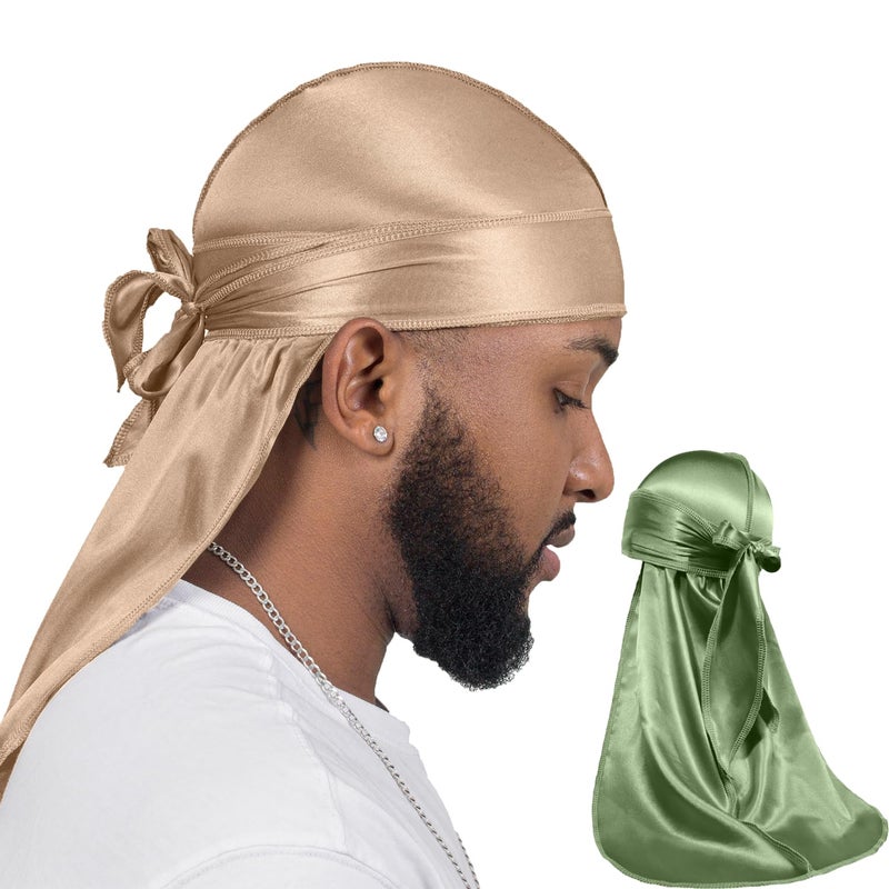 ForceWave 2 Pieces Silky Durag Pack for Men Women Waves, Premium Satin Deluxe Du-rag, Champagne+sage, One size - Image 1