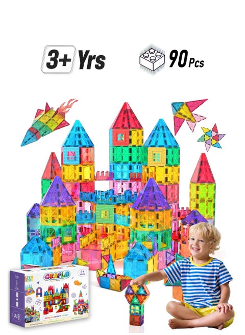 Magnetic Building Blocks & Construction Blocks Set for Kids - 90 Pcs Vibrant 3D Building Set as Education Toys - Magnetic Toys & Tiles for Kids - Magnetic Block for Kids - Toy for Kids 3+ Years