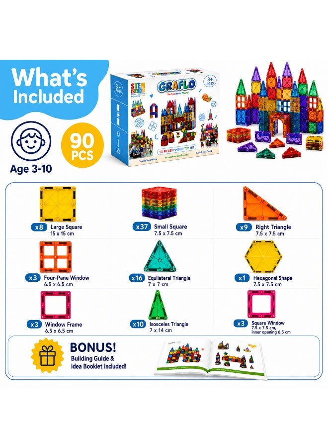 GRAFLO Magnetic Building Tiles - 90 Pcs Set of Vibrant 3D Blocks, Encourages Creative Construction, Promotes Educational Brain Development, Stimulates Imagination, STEM Toy for Kids Ages 3-10 Years - Image 3