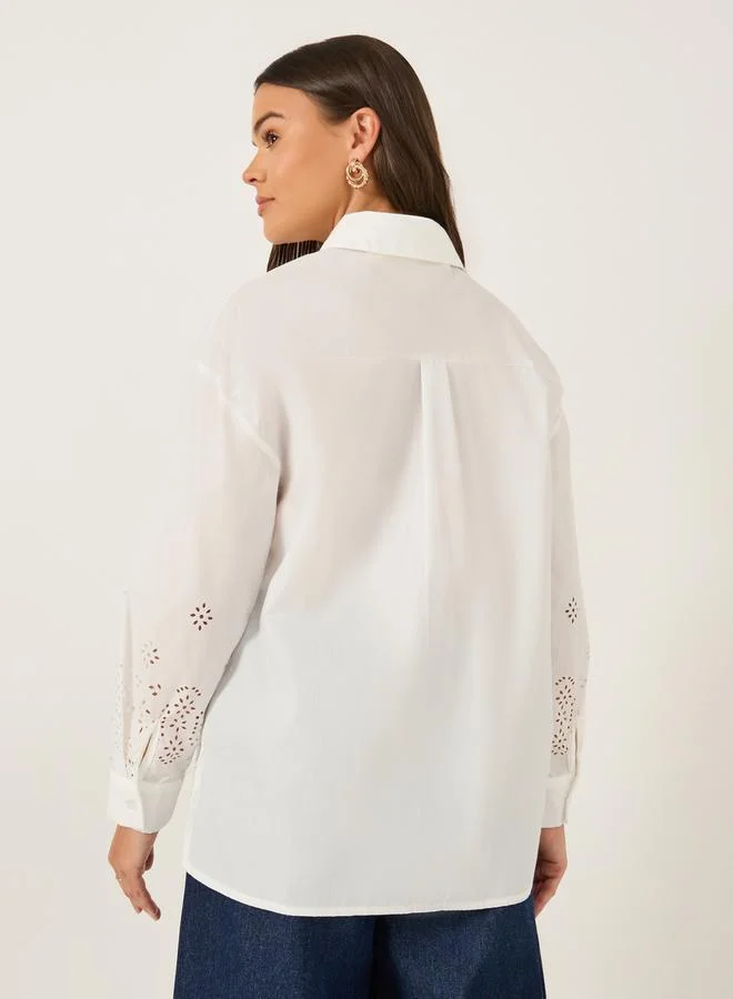 Styli Oversized Laser Cut Hem Shirt with Long Sleeves
