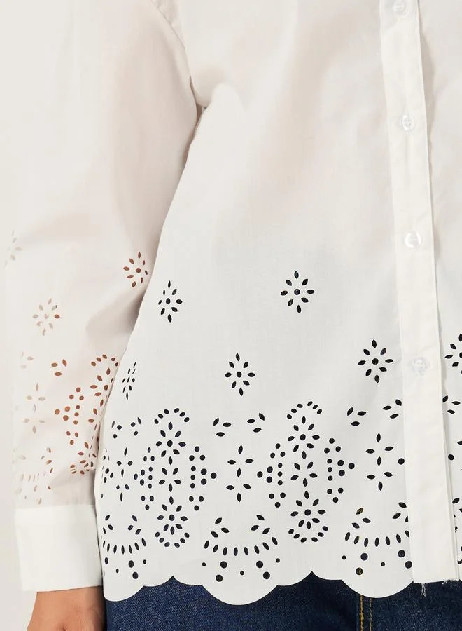 Styli Oversized Laser Cut Hem Shirt with Long Sleeves