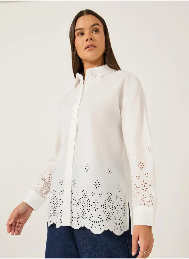 Styli Oversized Laser Cut Hem Shirt with Long Sleeves