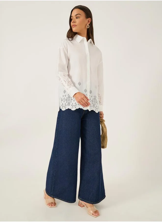 Styli Oversized Laser Cut Hem Shirt with Long Sleeves