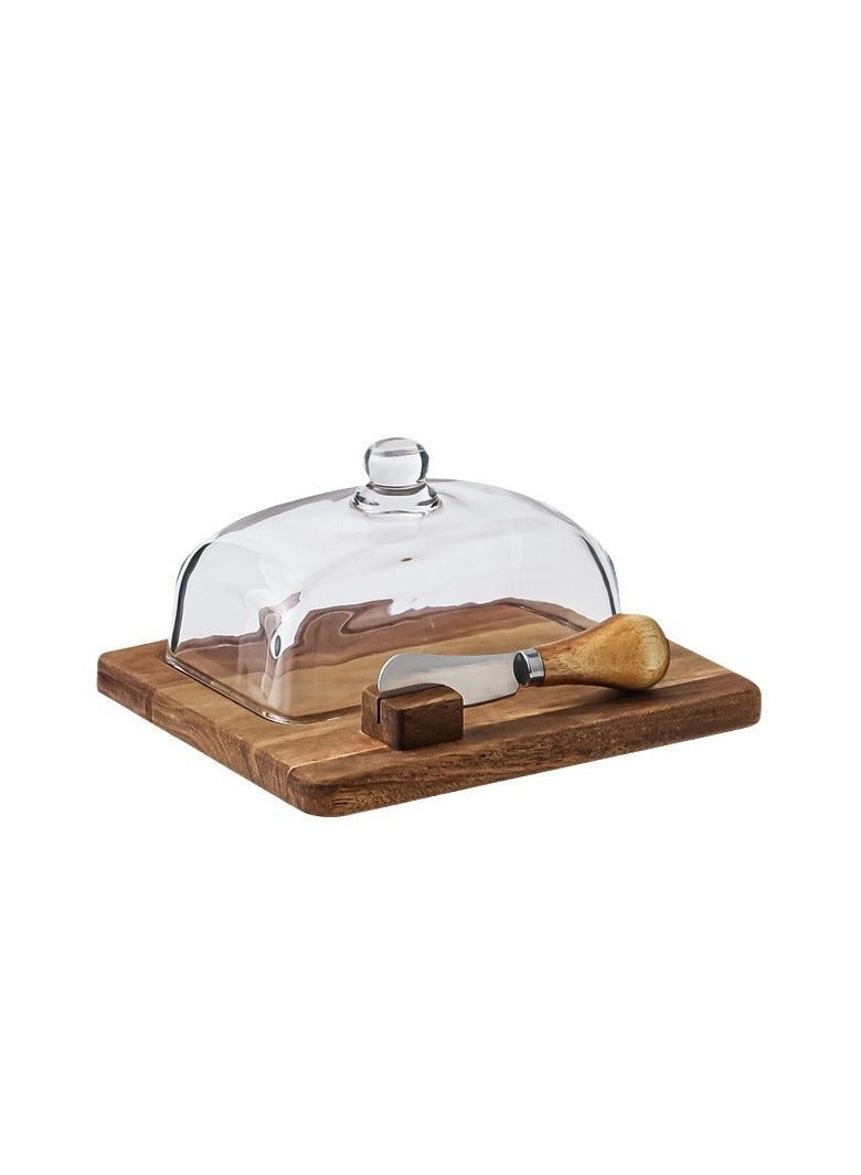 Affection Wood Butter Box with Knife | Cheese Butter Cheese Cake Dessert Plate | Glass Lid Affection Wood Butter Box (Single Knife) | Hand-Carved Elegant Decoration | Essential Kitchen Tool - Image 1
