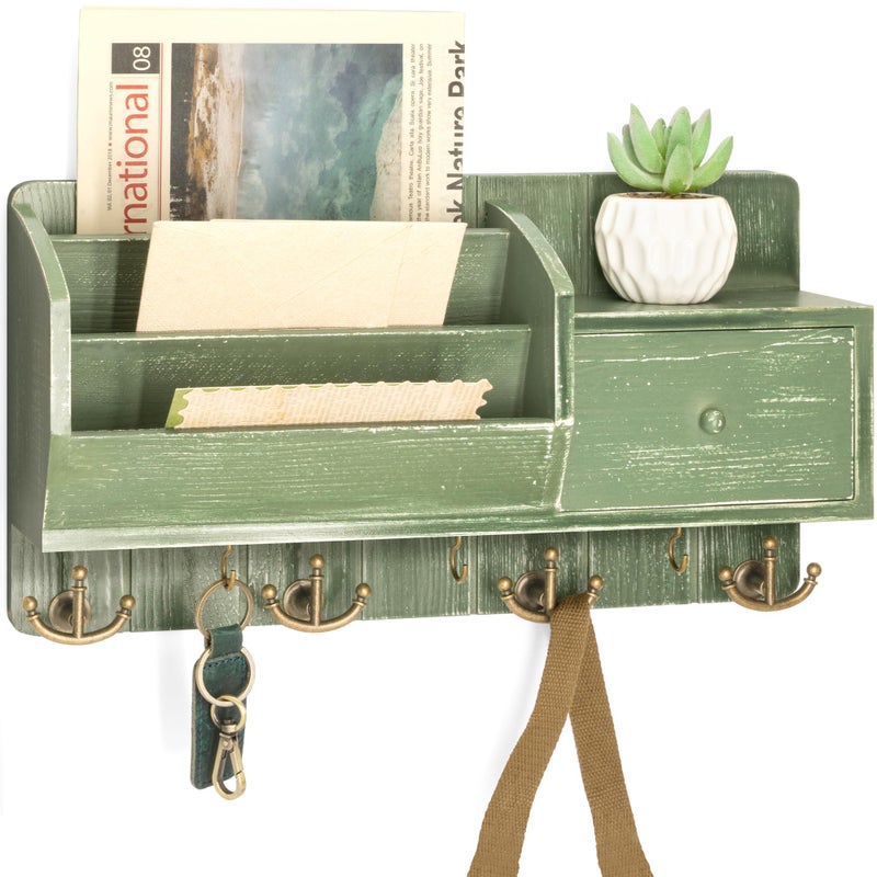 Rebee Vision Farmhouse Key Holder Wall Mount with Mail Sorter - Stylish Mail Organizer with Key Hooks and Drawer Organizer for Home Decor - Rustic Apartment Essentials for Home Improvement (Green) - Image 1