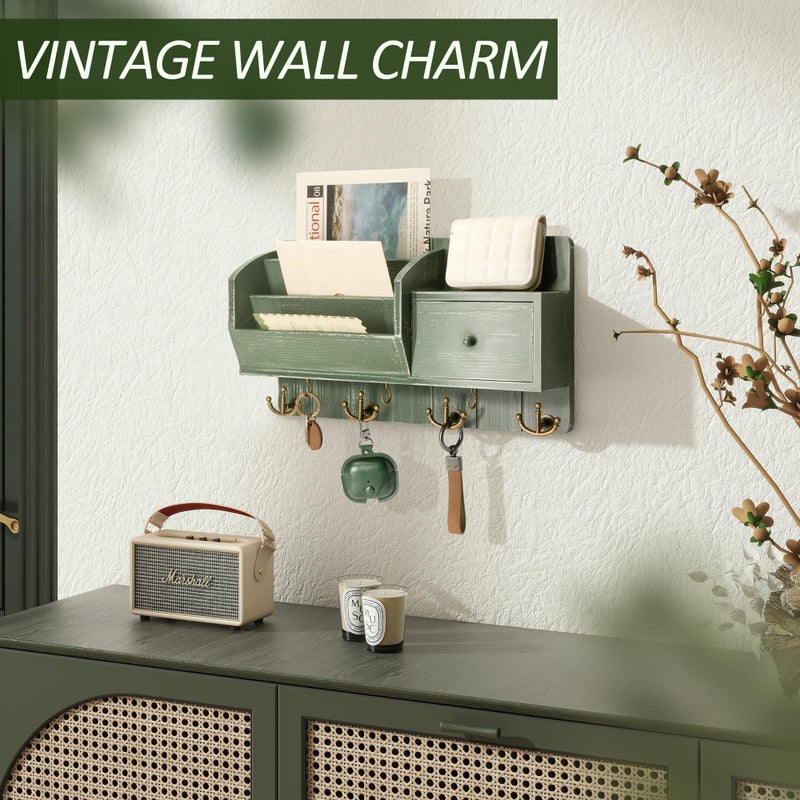 Rebee Vision Farmhouse Key Holder Wall Mount with Mail Sorter - Stylish Mail Organizer with Key Hooks and Drawer Organizer for Home Decor - Rustic Apartment Essentials for Home Improvement (Green) - Image 5