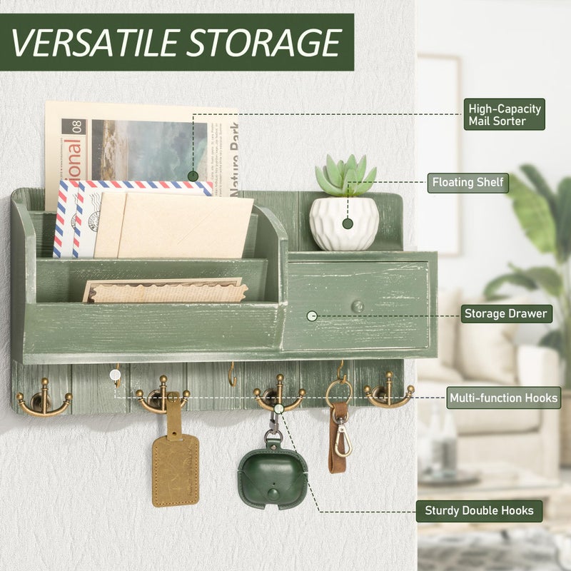Rebee Vision Farmhouse Key Holder Wall Mount with Mail Sorter - Stylish Mail Organizer with Key Hooks and Drawer Organizer for Home Decor - Rustic Apartment Essentials for Home Improvement (Green) - Image 4