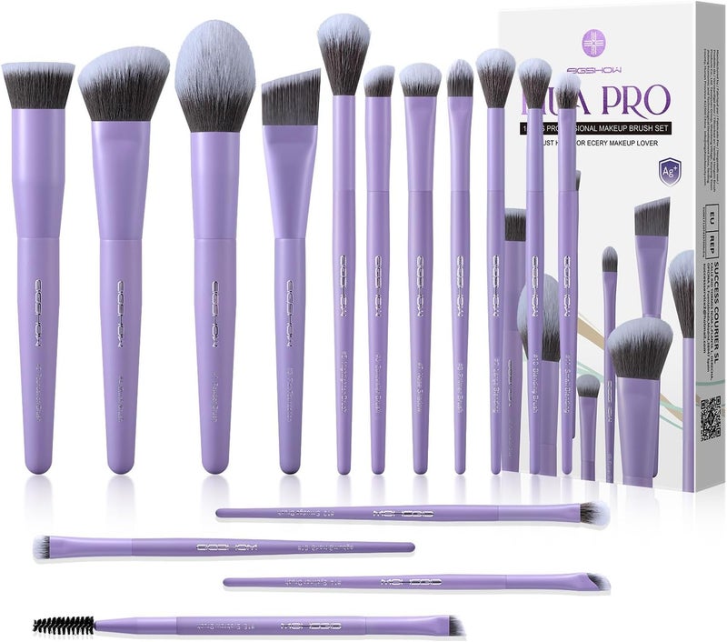 EIGSHOW Makeup Brushes Set, 15Pcs Professional Make Up Brush with Silver Ion Bristles for Foundation Powder Blush Highlighter Concealer Eyeshadow Eyeliner, Travel Gift Set (Matte Purple) - Image 1