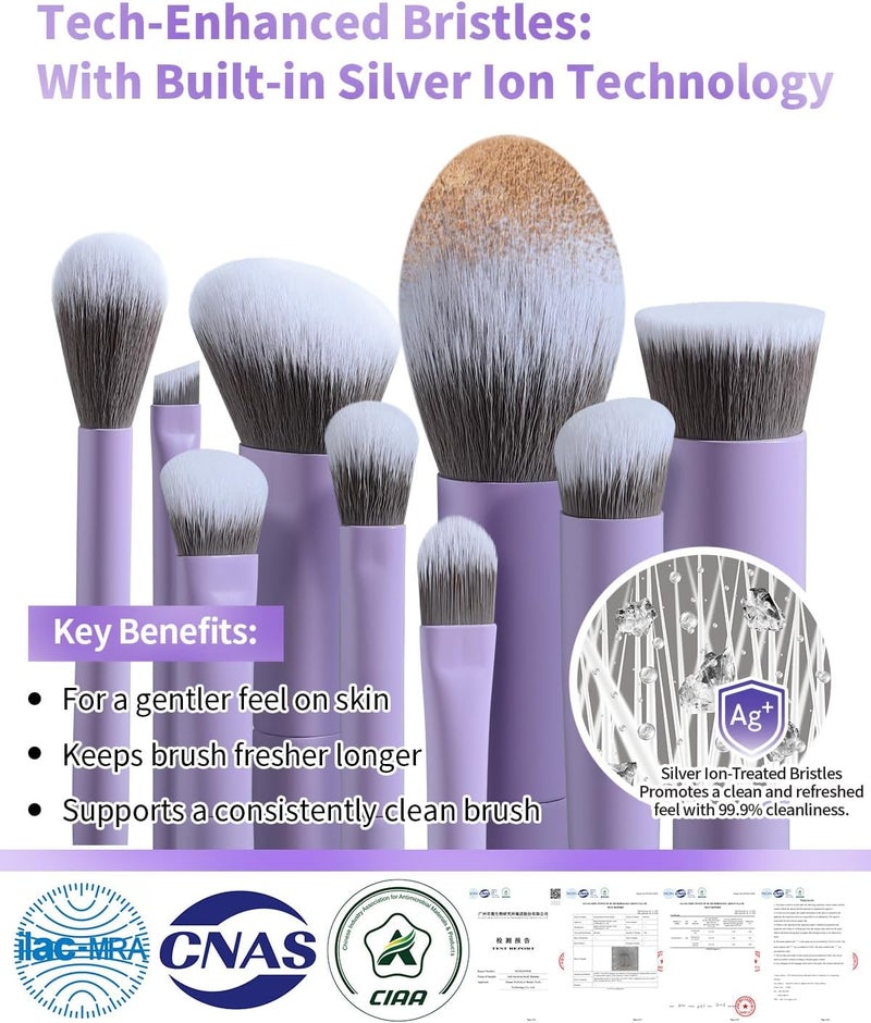 EIGSHOW Makeup Brushes Set, 15Pcs Professional Make Up Brush with Silver Ion Bristles for Foundation Powder Blush Highlighter Concealer Eyeshadow Eyeliner, Travel Gift Set (Matte Purple) - Image 3