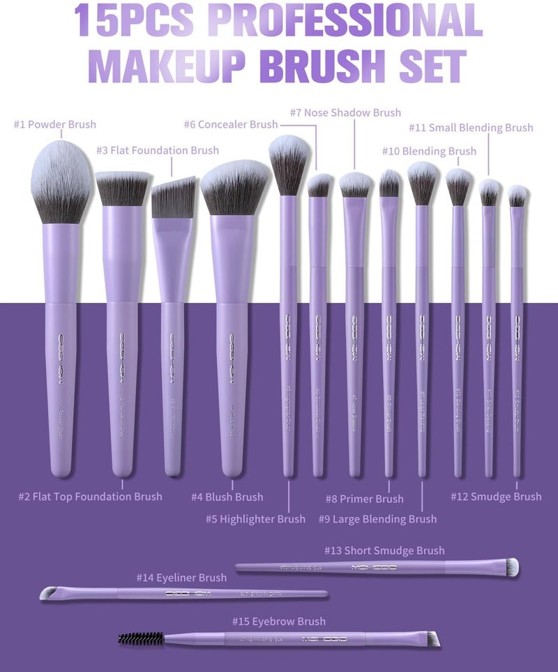 EIGSHOW Makeup Brushes Set, 15Pcs Professional Make Up Brush with Silver Ion Bristles for Foundation Powder Blush Highlighter Concealer Eyeshadow Eyeliner, Travel Gift Set (Matte Purple) - Image 2