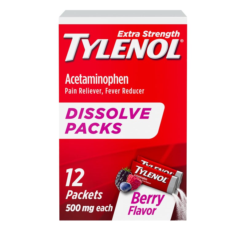 Tylenol باكيتات تيلينول إكسترا سترينغث القابلة للذوبان، 500 ملغ أسيتامينوفين مسكن للألم ومخفض للحمى، باكيتات مسحوق للسفر للألم والآلام الطفيفة، خالية من الإيبوبروفين والأسبرين، بنكهة التوت، 12 حبة - Image 1