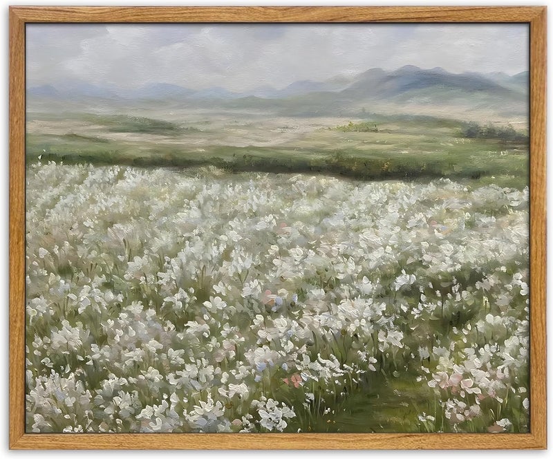 UPWOIGH Framed Wall Art, Sage Green French Country Field Oil Painting, Spring Meadow Wall Art, Mailed Fine Art, Vintage Landscape, Rustic Antique Wall Decor 8x10in - Image 1