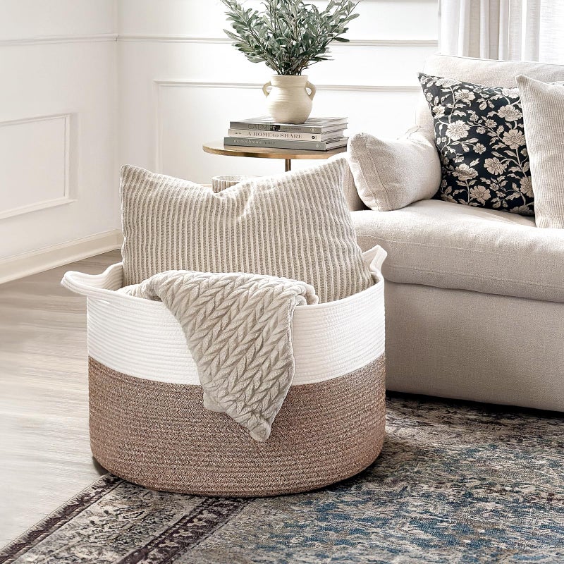 INDRESSME XXXLarge Cotton Rope Basket 21.7" x 21.7" x 13.8" Woven Baby Laundry Blanket Basket Toy Basket with Handle Storage Comforter Cushions Thread Laundry Hamper White & Brown - Image 2
