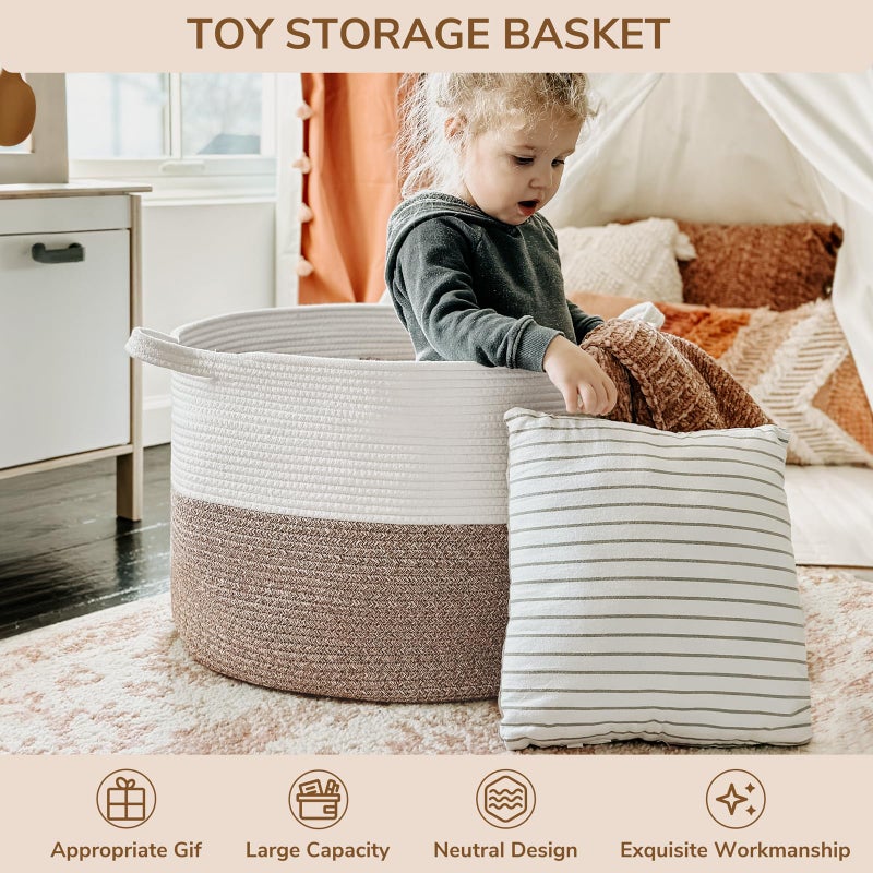INDRESSME XXXLarge Cotton Rope Basket 21.7" x 21.7" x 13.8" Woven Baby Laundry Blanket Basket Toy Basket with Handle Storage Comforter Cushions Thread Laundry Hamper White & Brown - Image 5