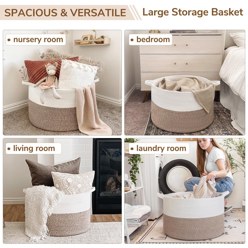 INDRESSME XXXLarge Cotton Rope Basket 21.7" x 21.7" x 13.8" Woven Baby Laundry Blanket Basket Toy Basket with Handle Storage Comforter Cushions Thread Laundry Hamper White & Brown - Image 4