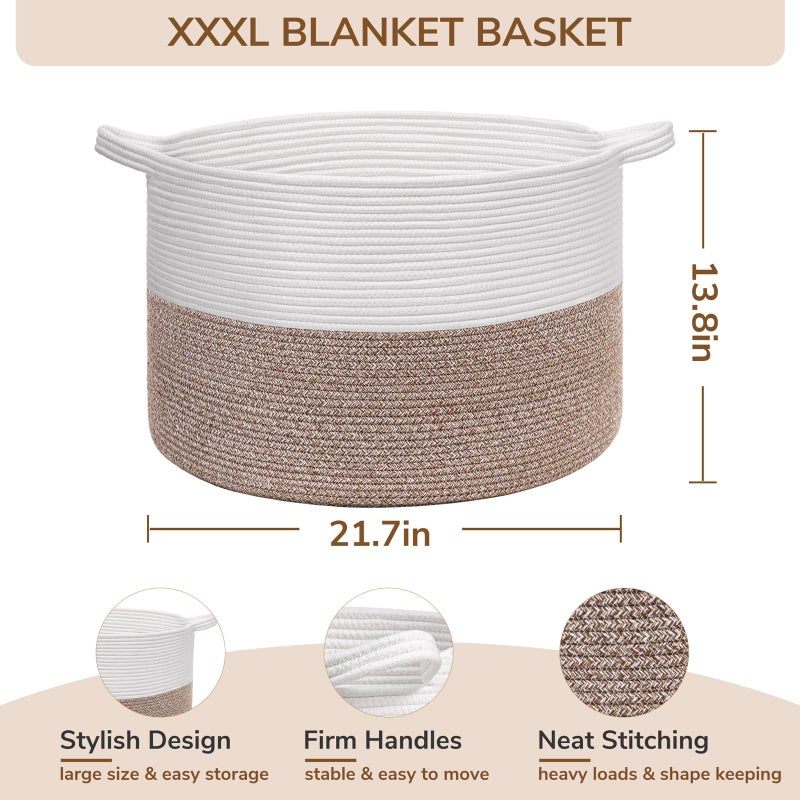 INDRESSME XXXLarge Cotton Rope Basket 21.7" x 21.7" x 13.8" Woven Baby Laundry Blanket Basket Toy Basket with Handle Storage Comforter Cushions Thread Laundry Hamper White & Brown - Image 3