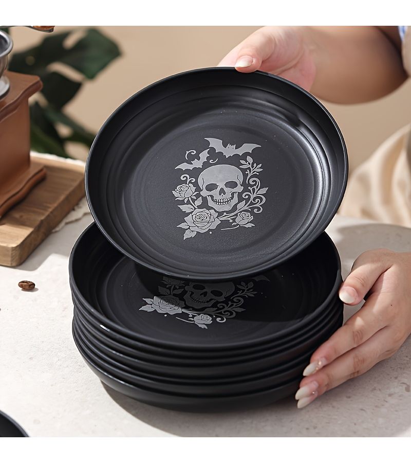 4 Pieces Skeleton And Rose Plastic Plates Lightweight Dishwasher Safe Fruit Snack Dessert Salad Pasta Plates For Halloween Day Of The Dead Christmas Thanksgiving - Image 4