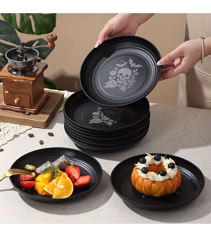 4 Pieces Skeleton And Rose Plastic Plates Lightweight Dishwasher Safe Fruit Snack Dessert Salad Pasta Plates For Halloween Day Of The Dead Christmas Thanksgiving - Image 1