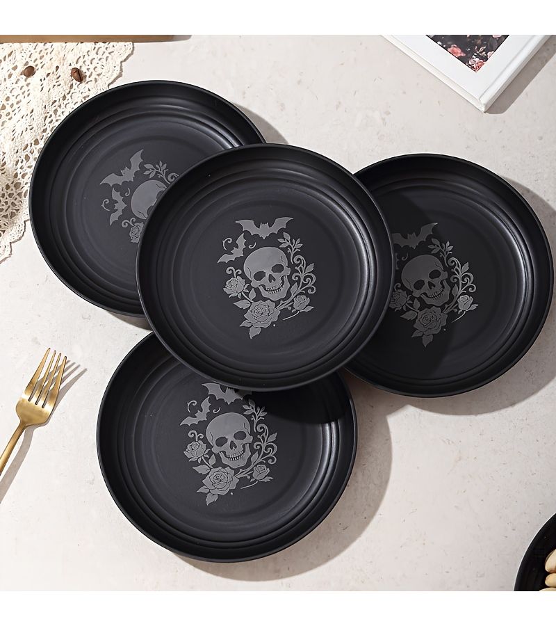 4 Pieces Skeleton And Rose Plastic Plates Lightweight Dishwasher Safe Fruit Snack Dessert Salad Pasta Plates For Halloween Day Of The Dead Christmas Thanksgiving - Image 3