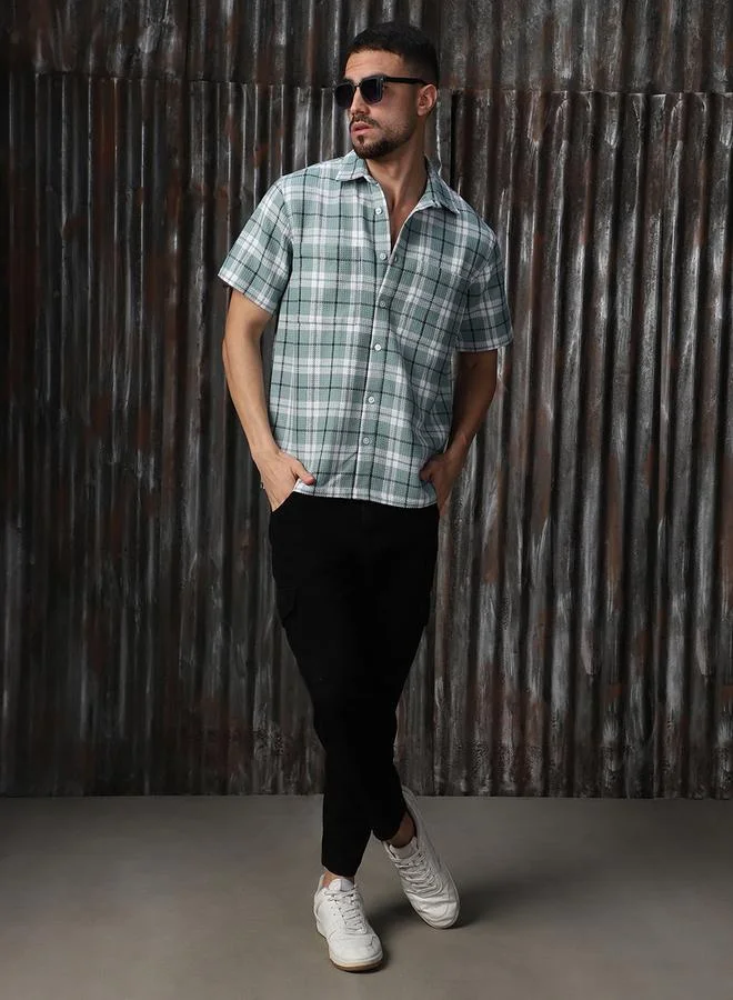 هاي ستار قميص كاجوال رجالي بأكمام نصفية بنقشة الترتان المضلعة