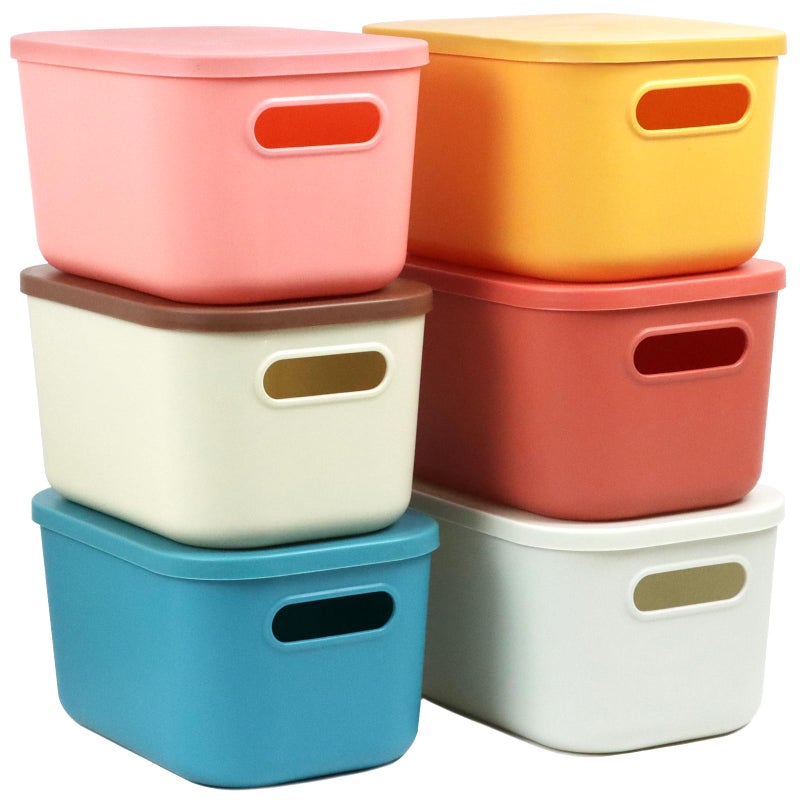 ZEXALOR 6Pcs Small Storage Bins with Lids, Stackable Plastic Organizer Bin Storage Containers for Organizing, Shelf Baskets for Pantry Cabinet Shelves Desktop Freezer Drawer Organization (6 Color, Small) - Image 1