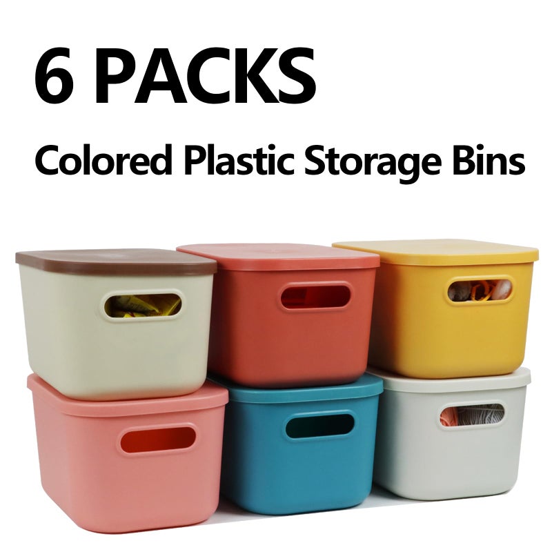 ZEXALOR 6Pcs Small Storage Bins with Lids, Stackable Plastic Organizer Bin Storage Containers for Organizing, Shelf Baskets for Pantry Cabinet Shelves Desktop Freezer Drawer Organization (6 Color, Small) - Image 2