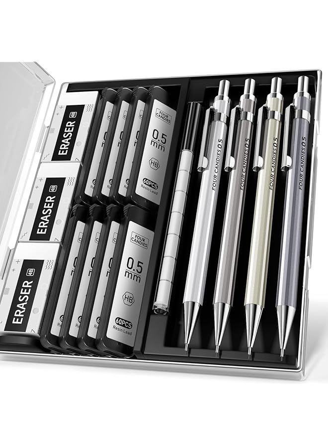 erorex 0.5Mm Mechanical Pencil Set With Case 4Pcs Metal Mechanical Pencils 8 Tubes Hb #2 Lead Refills 3Pcs 4B Erasers And 9Pcs Eraser Refills Lead Mechanical Pencils For Writing And Drawing - Image 1
