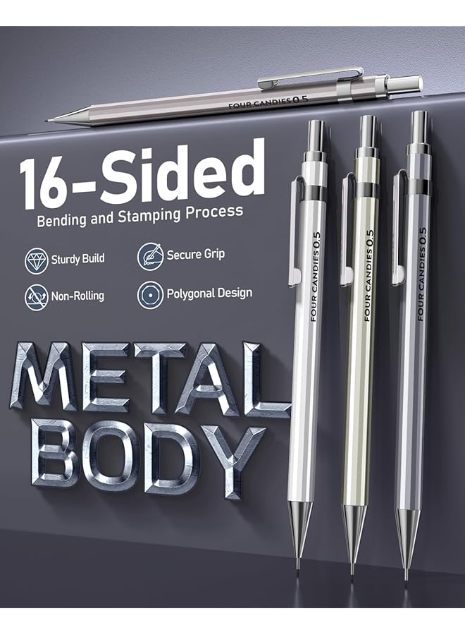 erorex 0.5Mm Mechanical Pencil Set With Case 4Pcs Metal Mechanical Pencils 8 Tubes Hb #2 Lead Refills 3Pcs 4B Erasers And 9Pcs Eraser Refills Lead Mechanical Pencils For Writing And Drawing - Image 2